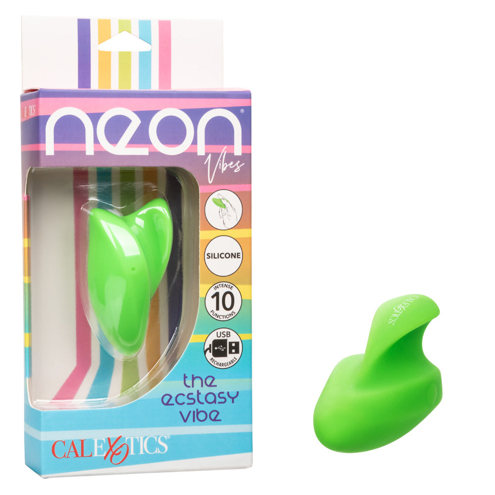 Neon Vibes The Ecstasy Vibe Mini Vibrator Green packaged with colorful design, showing its ergonomic shape and features.