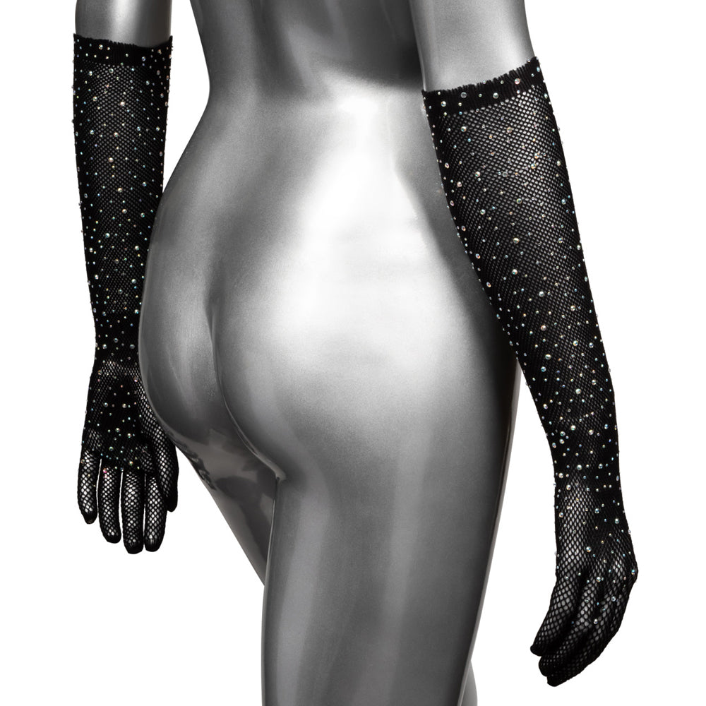 Radiance Full Length Rhinestone Mesh Gloves featured in black mesh with sparkling rhinestones from fingertip to elbow.