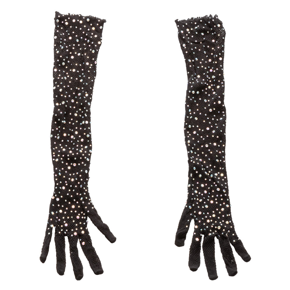 Radiance Full Length Rhinestone Mesh Gloves adorned with sparkling rhinestones and stretchy mesh fabric.