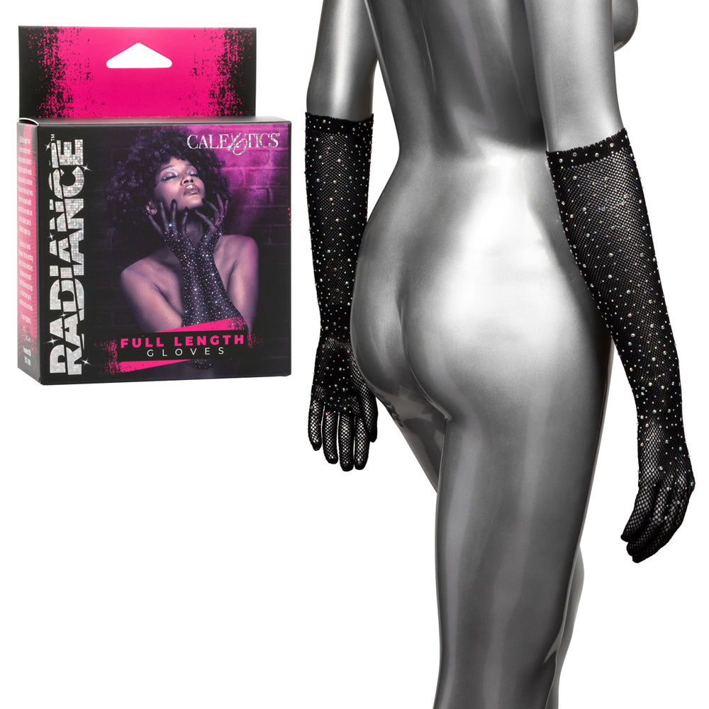 Radiance Full Length Rhinestone Mesh Gloves displayed on a mannequin in front of the product packaging.
