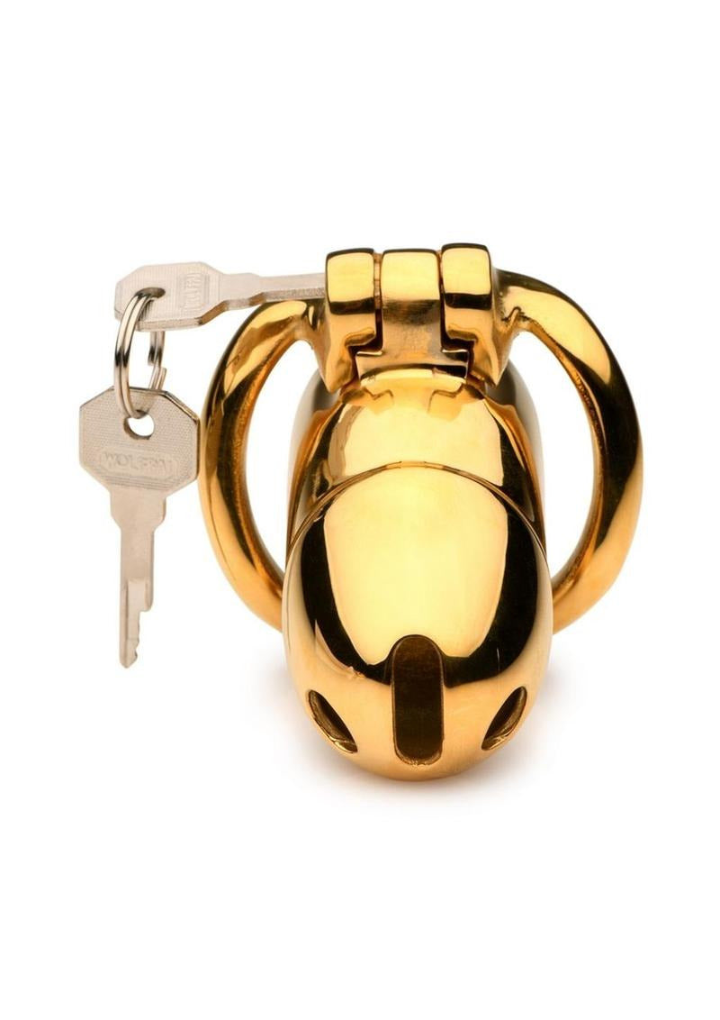 Master Series Midas 18K Gold-Plated Locking Chastity Cage with key, showcasing polished gold finish and locking mechanism.