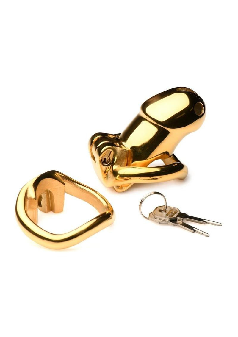 Master Series Midas 18K Gold-Plated Locking Chastity Cage with keys and polished gold finish.