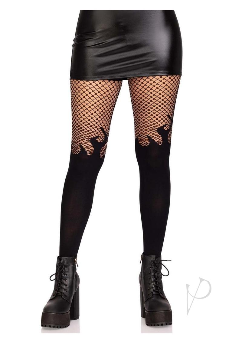 Leg Avenue Opaque Flame Tights with Fishnet Top Black worn with a black mini skirt and high-heeled boots.