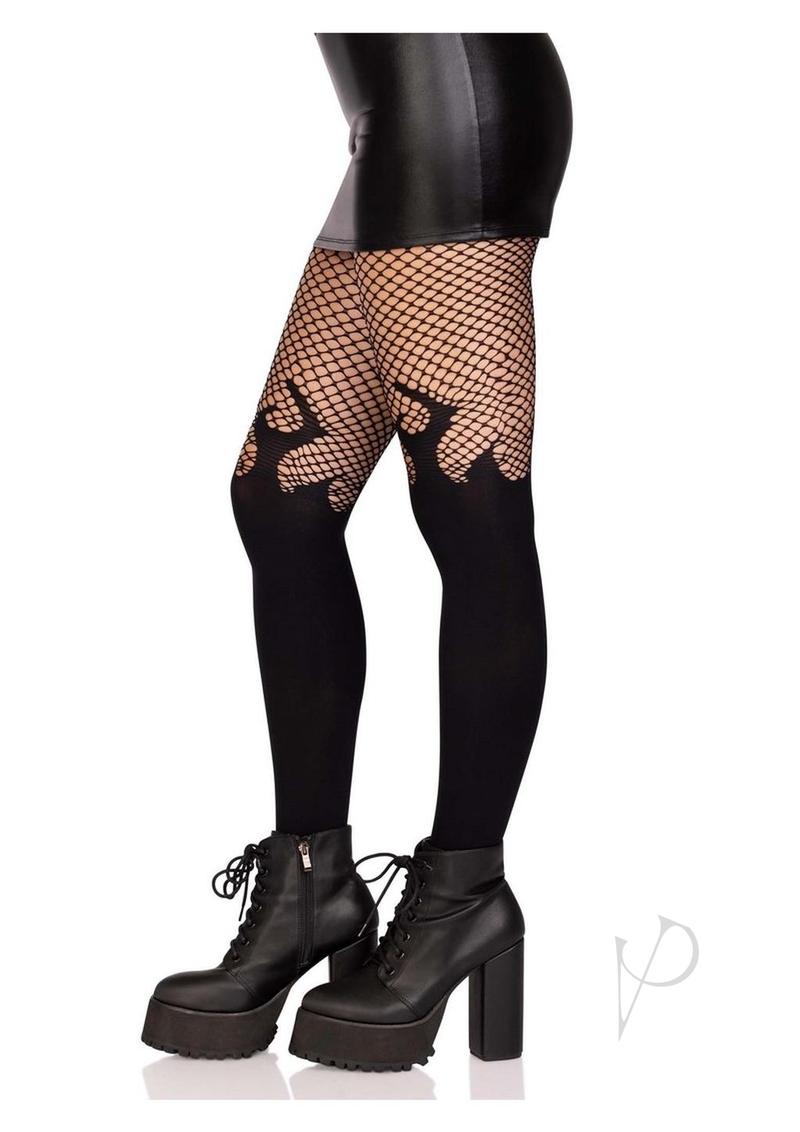 Leg Avenue Opaque Flame Tights with Fishnet Top Black showcasing bold flame patterns and stylish fishnet design.