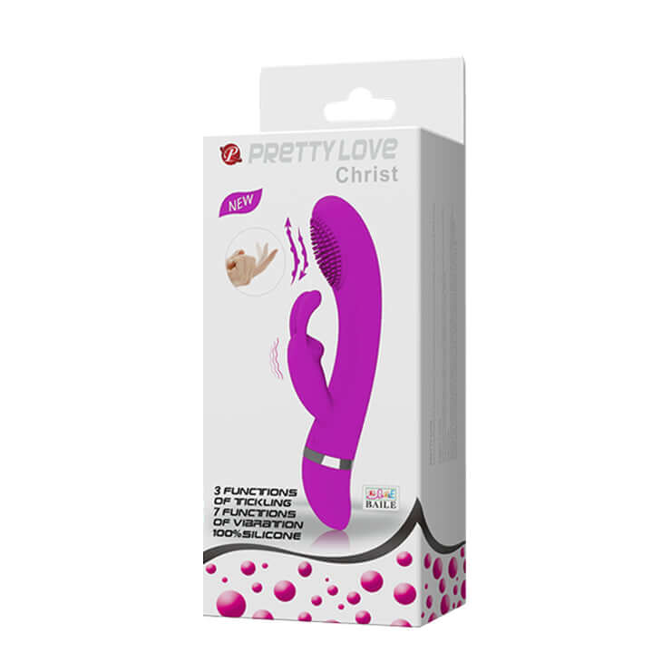 Pretty Love Christ Come Hither Rabbit Vibrator packaging showcasing its dual-stimulation features and vibrant design.