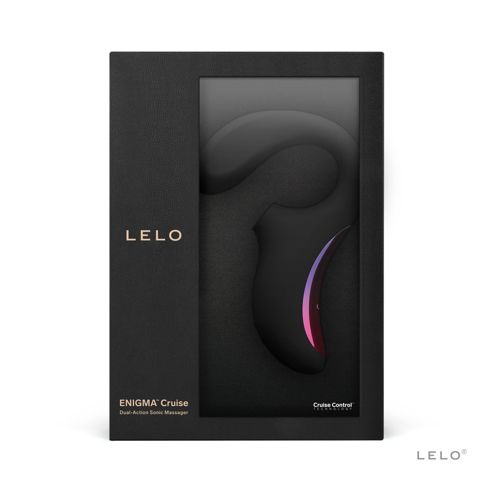 Lelo Enigma Cruise Dual Stimulation Sonic Massager Black elegantly packaged for ultimate pleasure.