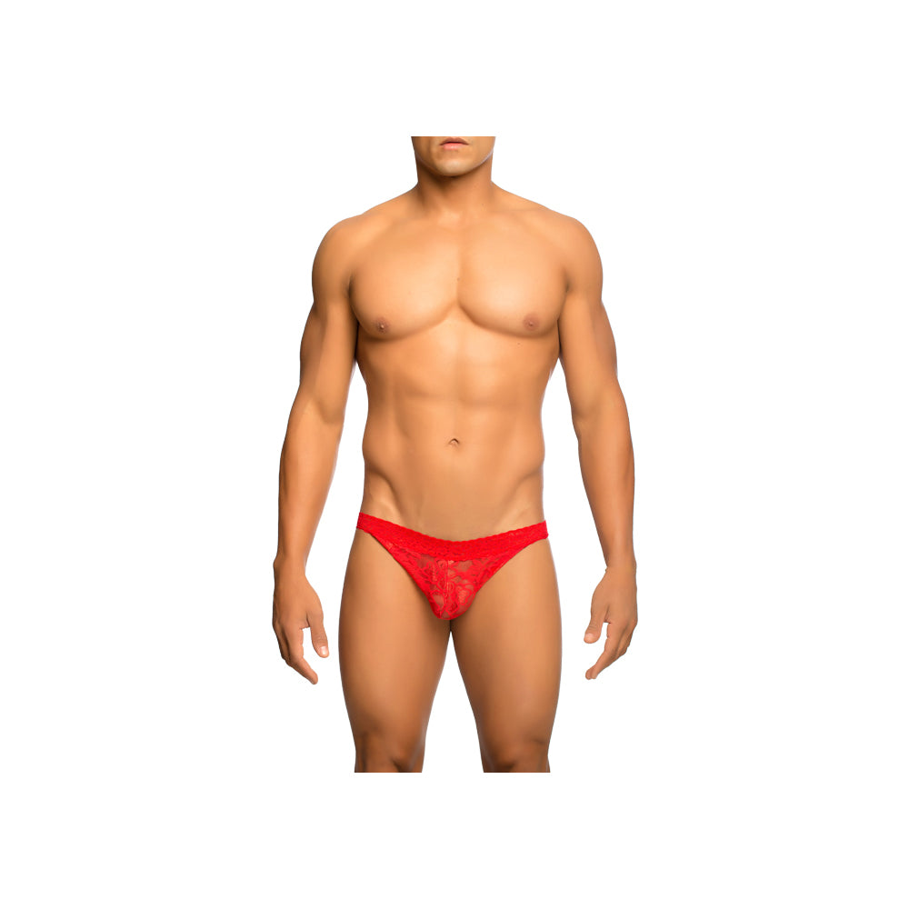 MaleBasics Lace Jockstrap Red S/M displayed on a male model, featuring a delicate lace design and bold red color.