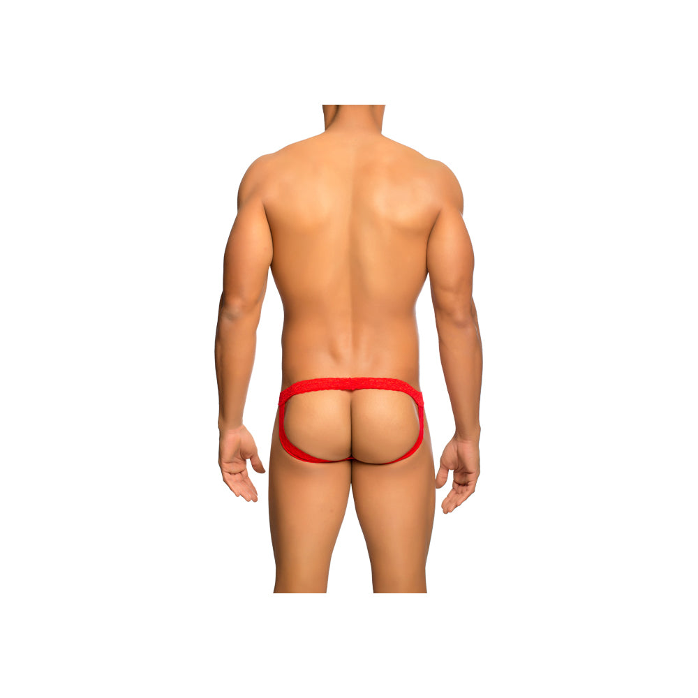 MaleBasics Lace Jockstrap Red S/M showcasing a bold lace design from the back view for a sexy appeal.