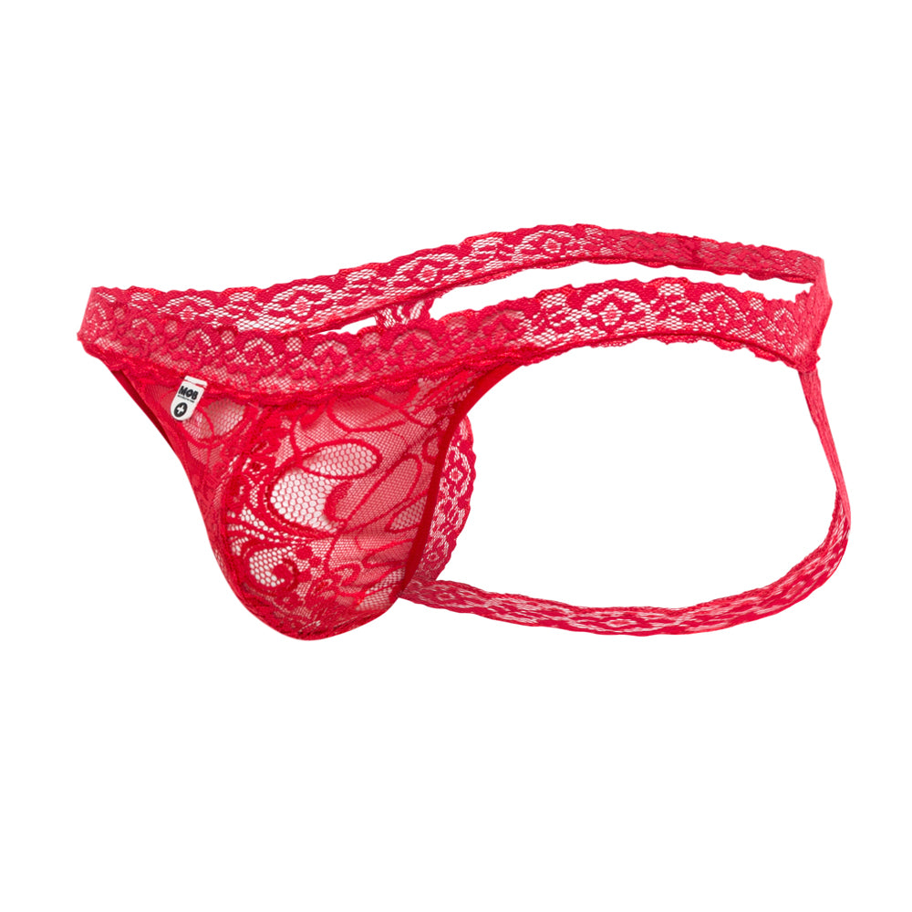 MaleBasics Lace Jockstrap Red S/M showcasing a bold lace design in striking red, perfect for intimate occasions.
