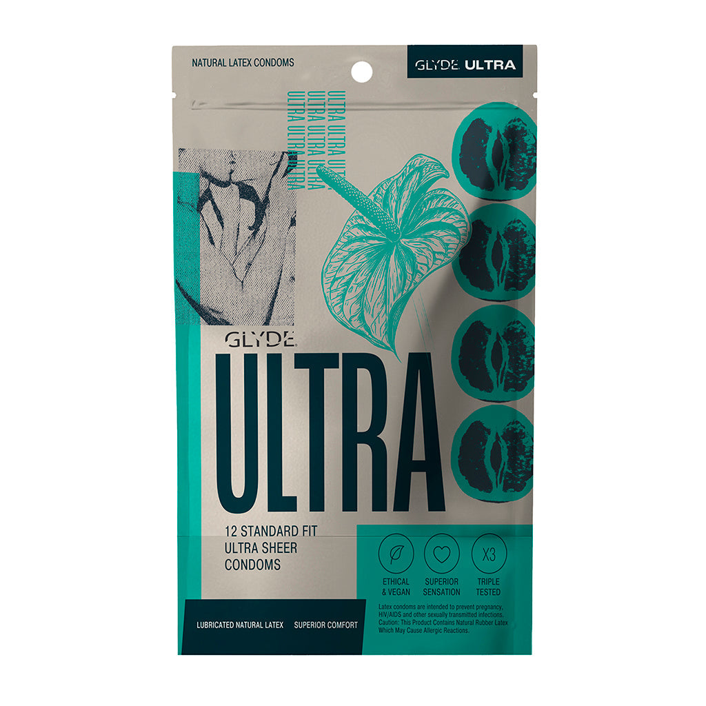 Glyde Ultra Standard Fit Latex Condoms 12 Pack featuring ultra sheer design and natural latex for superior comfort and sensation.