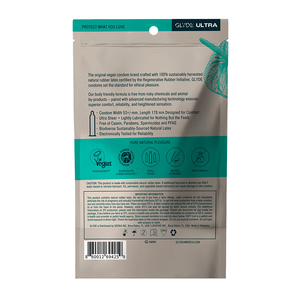 Glyde Ultra Standard Fit Latex Condoms 12 Pack packaging with vegan and sustainable features highlighted.