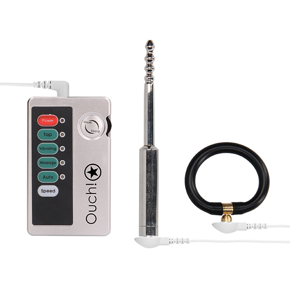 E-stim Urethral Sounding Set Small Silver including controller, metal sound, and silicone ring.