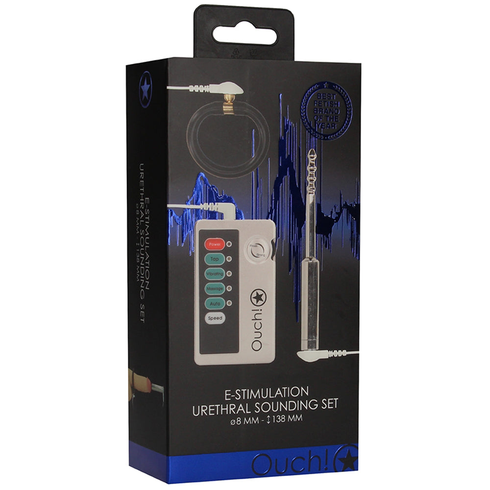 E-stim Urethral Sounding Set Small Silver packaging showcasing the advanced e-stimulation features and design.