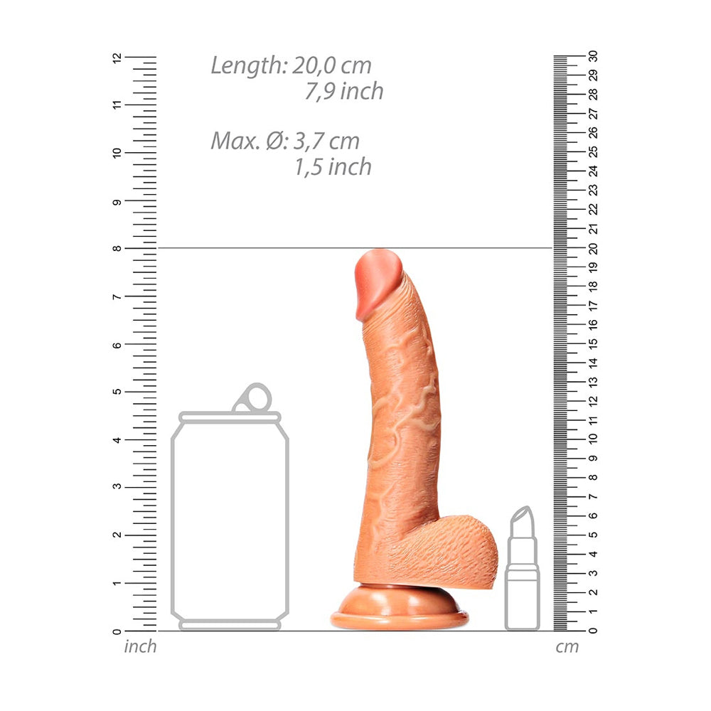 Curved Realistic Dildo With Balls & Suction Cup 7 inch Tan next to a measuring scale for size reference.