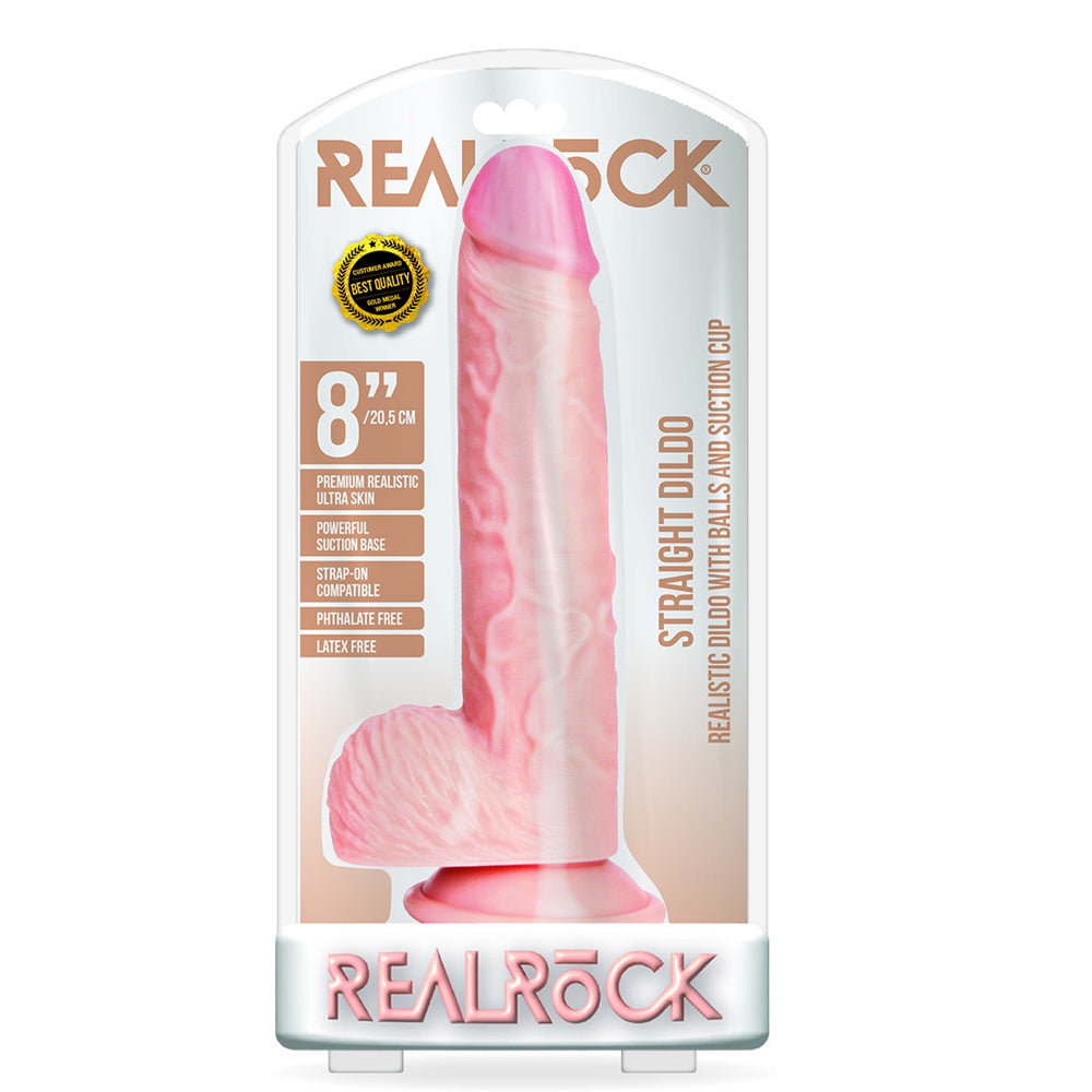RealRock 8 Inch Straight Realistic Dildo With Balls Flesh packaging display with suction cup and realistic design.