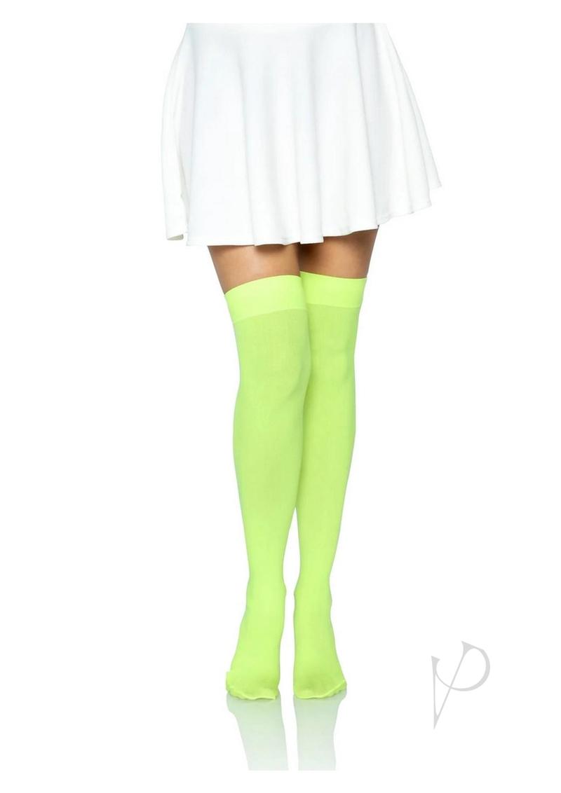 Leg Avenue Nylon Over The Knee Socks One Size Neon Green showcased with a white skirt, perfect for vibrant outfits.