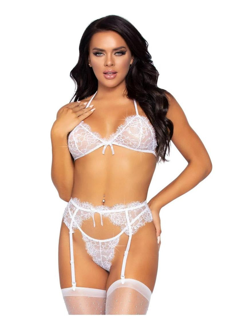 Leg Avenue Rhinestone Eyelash Lace Bra Top Garter Set Small White model wearing three-piece lingerie set.
