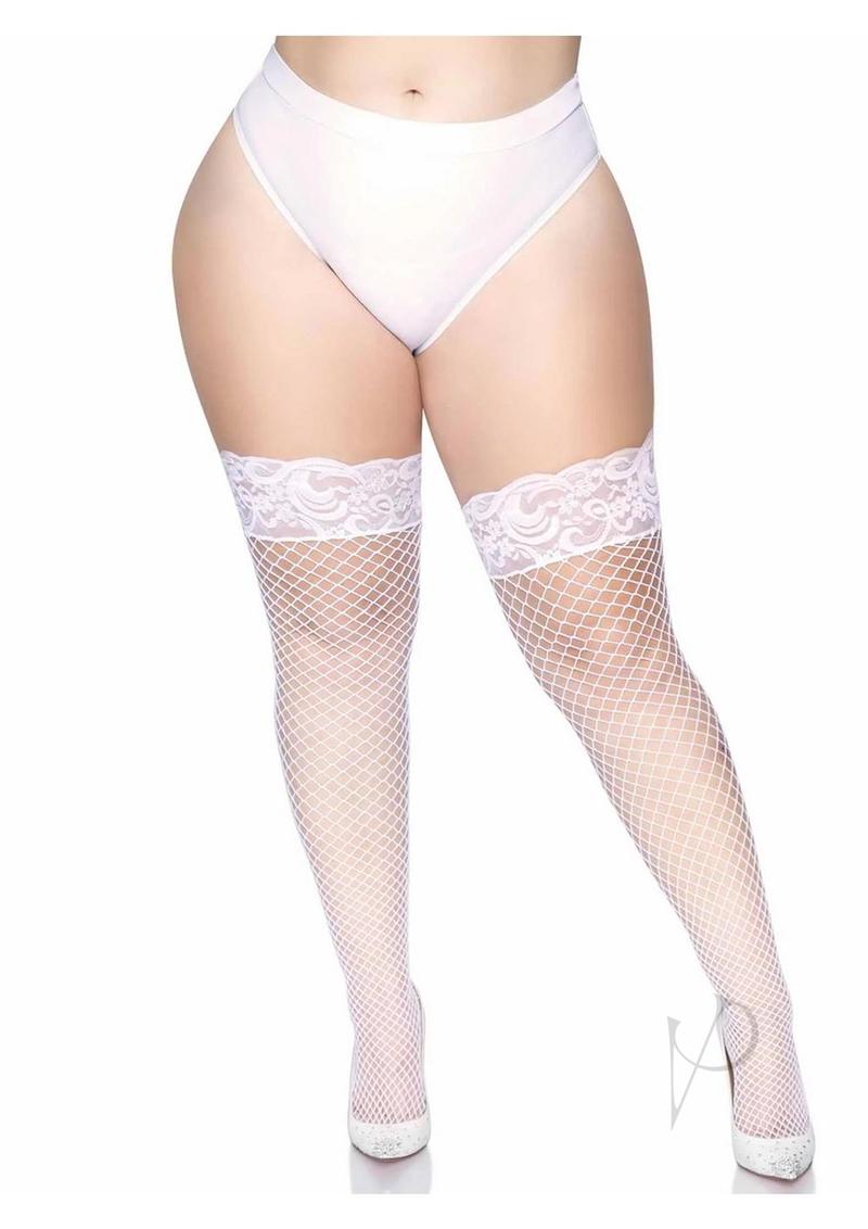Leg Avenue Industrial Net Lace Top Thigh Highs 1X/2X White featuring a bold mesh pattern and lace trim on curvy figure.