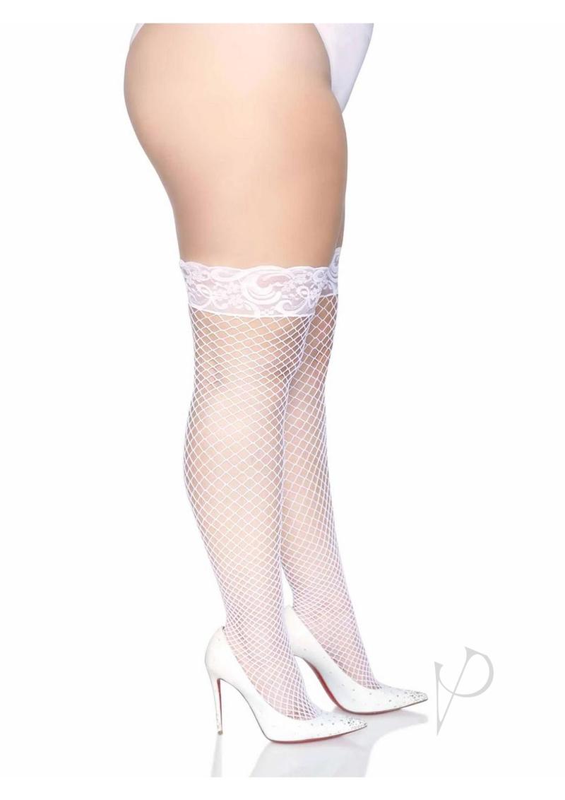 Leg Avenue Industrial Net Lace Top Thigh Highs 1X/2X White worn with white high heels, showcasing bold net design.