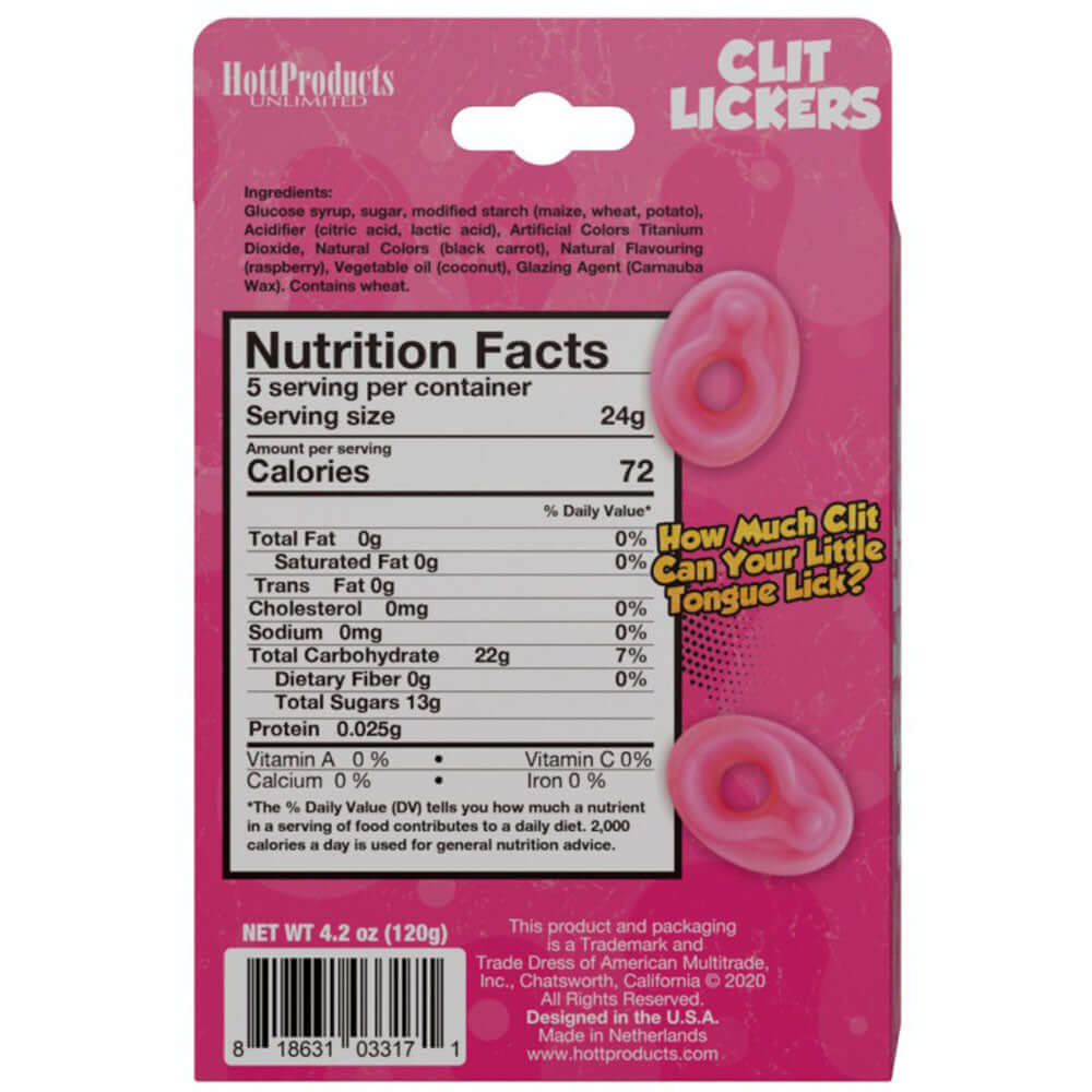 Clit Lickers Gummies Raspberry Flavors 4.2 Oz nutrition facts label on colorful packaging