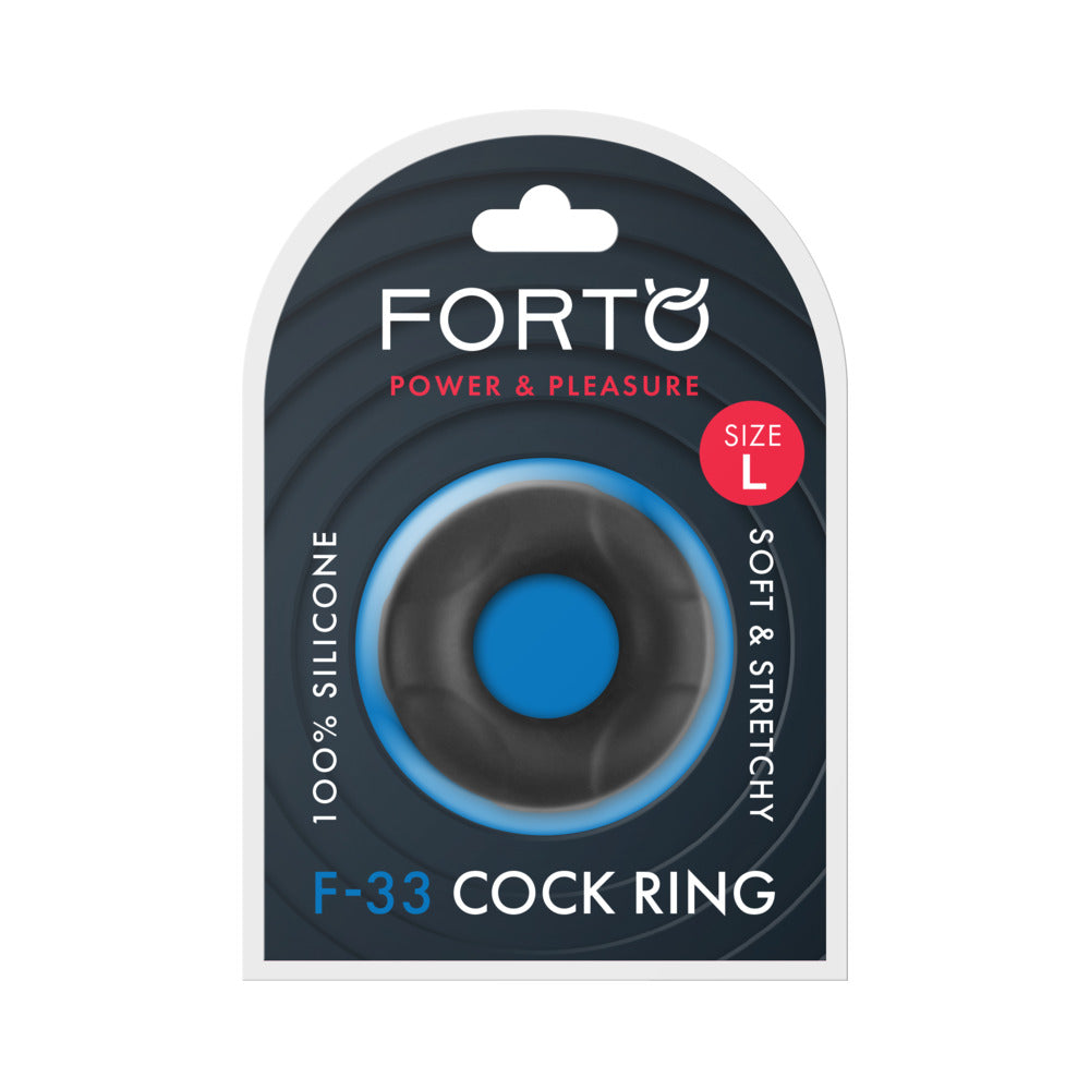 Forto F-33 Liquid Silicone Cockring Large Black packaging showcasing its design and features