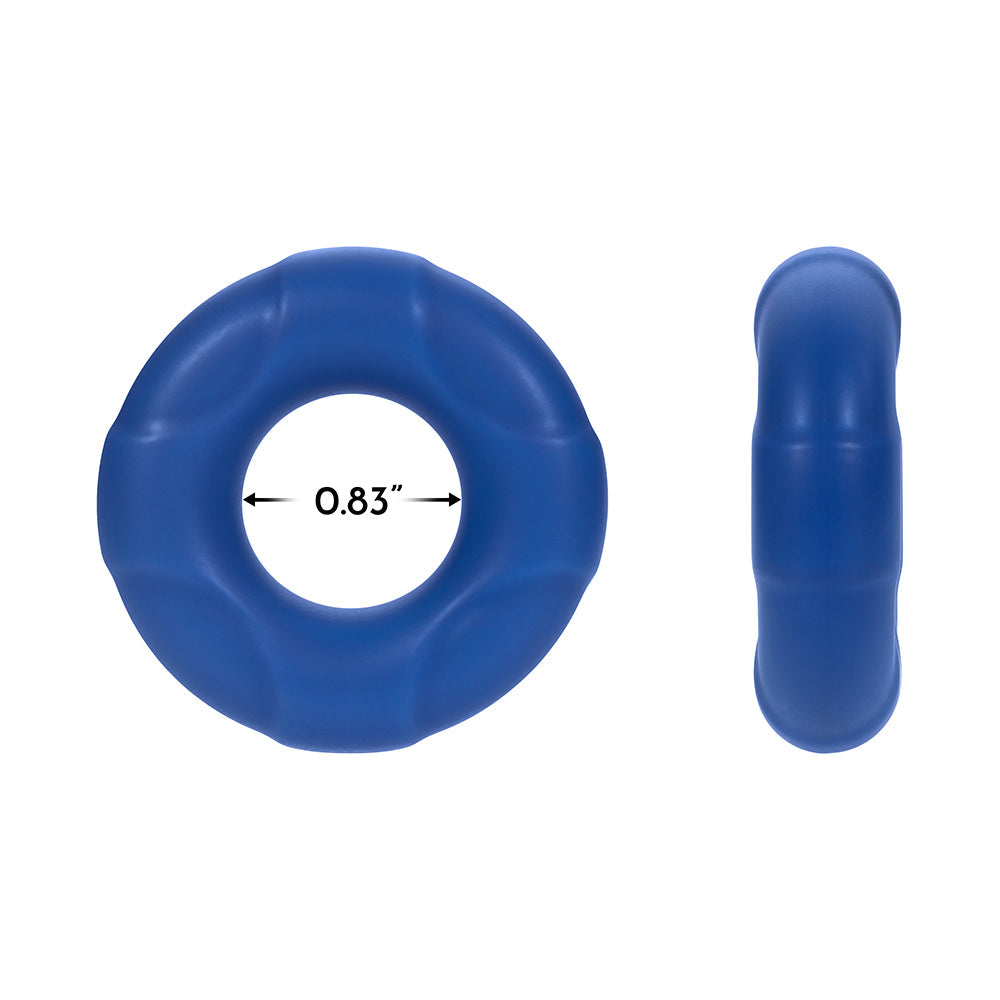 Forto F-33 Liquid Silicone Cockring Medium Blue showcasing its dimensions and design for comfort and flexibility.