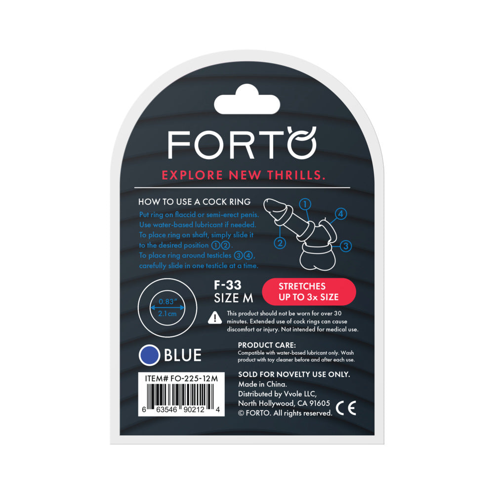 Forto F-33 Liquid Silicone Cockring Medium Blue packaging with usage instructions and product details.