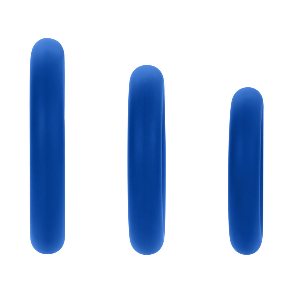 Forto F-61 3-piece Silicone Cockring Set Blue displayed in three sizes for customizable fit and comfort.