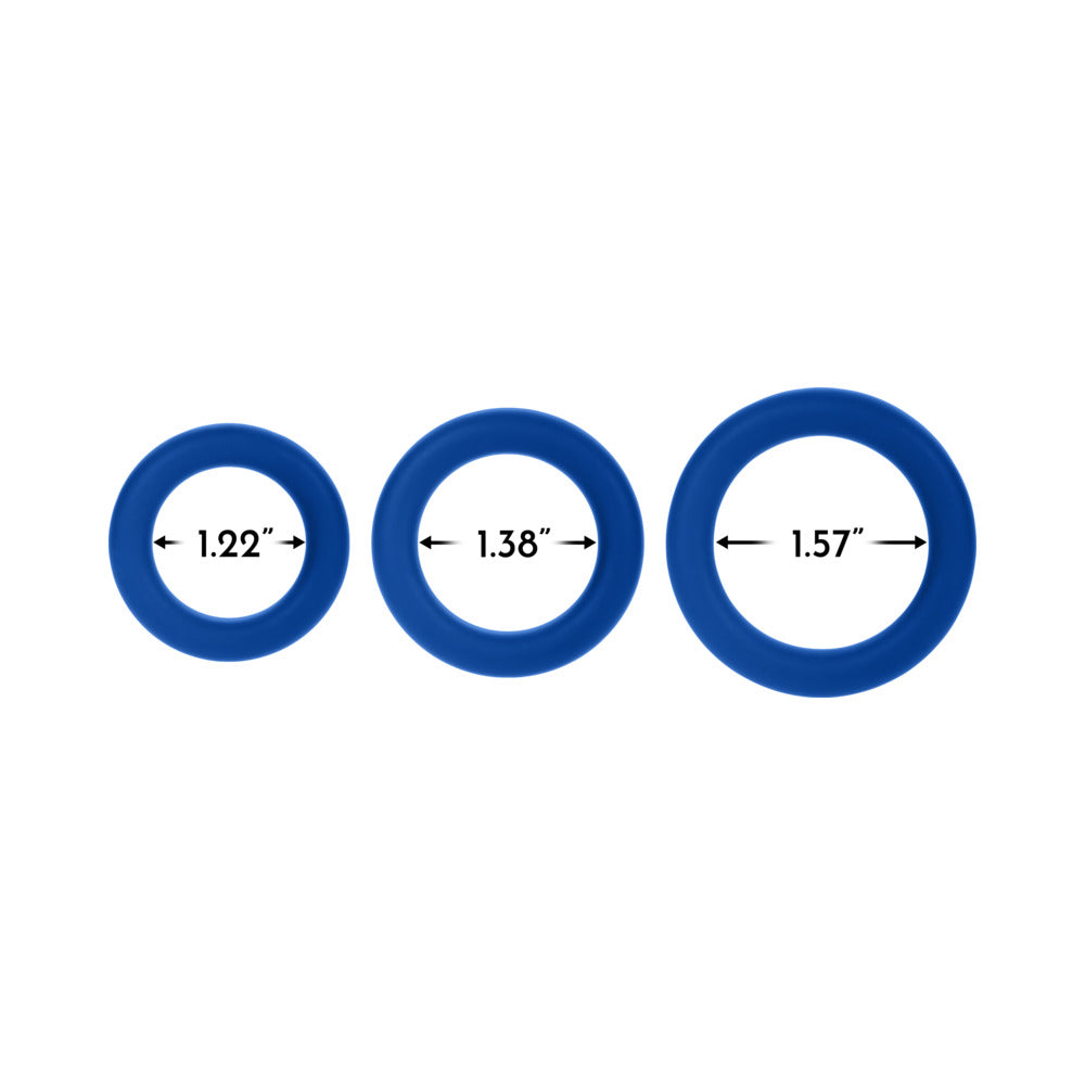Forto F-61 3-piece Silicone Cockring Set Blue showing three silicone rings with sizes 1.22", 1.38", and 1.57".