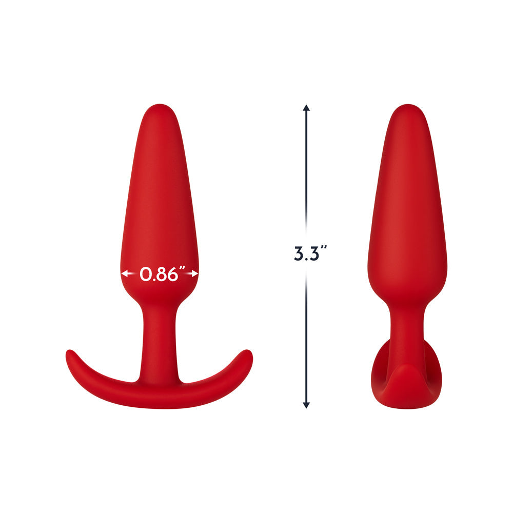 Forto F-31 Silicone Anal Plug Small Red showcasing dimensions and tapered design for comfort and versatility.