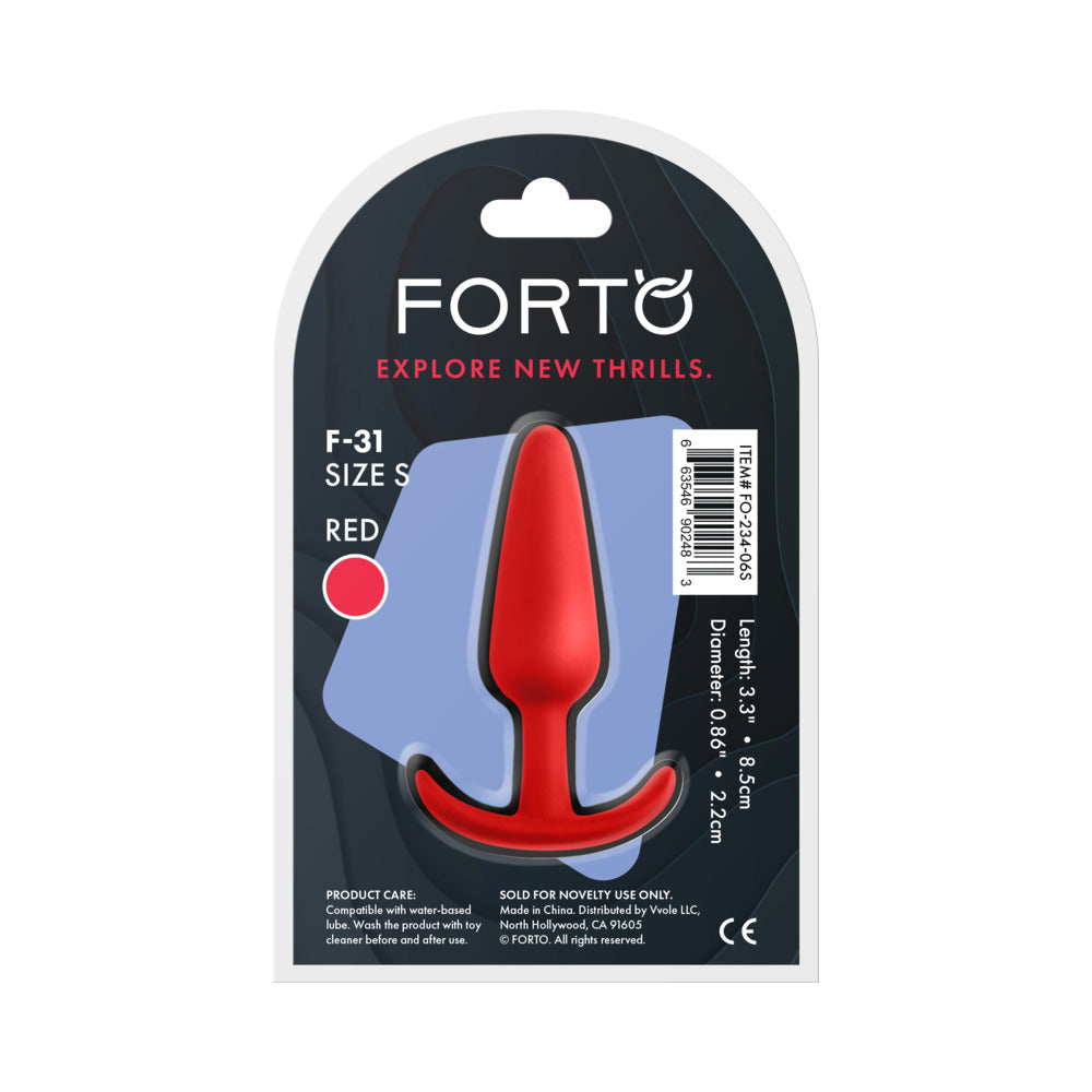 Forto F-31 Silicone Anal Plug Small Red packaging with product specifications and branding.