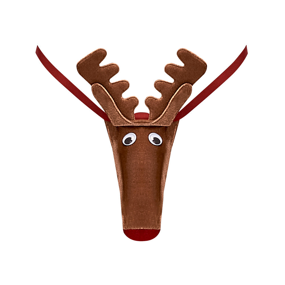 Male Power Novelty Rock Hard Rudy G-String Brown with reindeer design for festive holiday fun