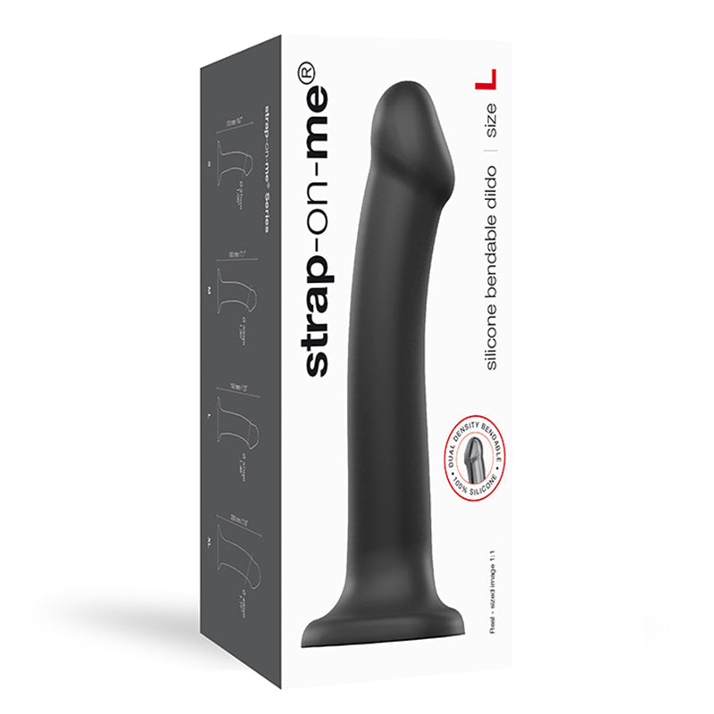 Strap-on-me Bendable Dual-density Silicone Dildo Black Large packaging and product design.