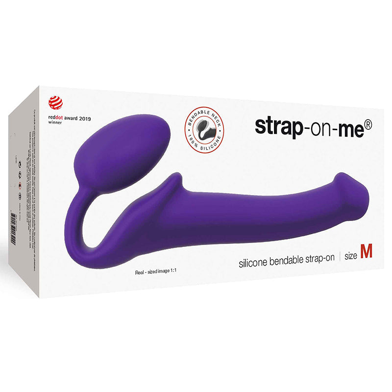 Strap-on-me Semi-realistic Bendable Strap-on Purple Medium packaging showcasing its ergonomic design and flexibility.