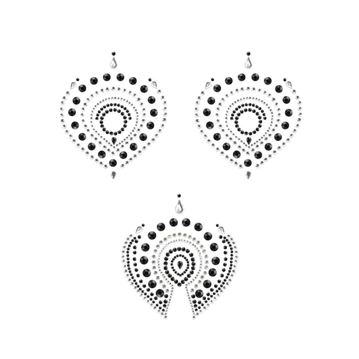 Bijoux Indiscrets Flamboyant Rhinestone Body Decorations showcasing sparkling black and grey rhinestones in elaborate designs.