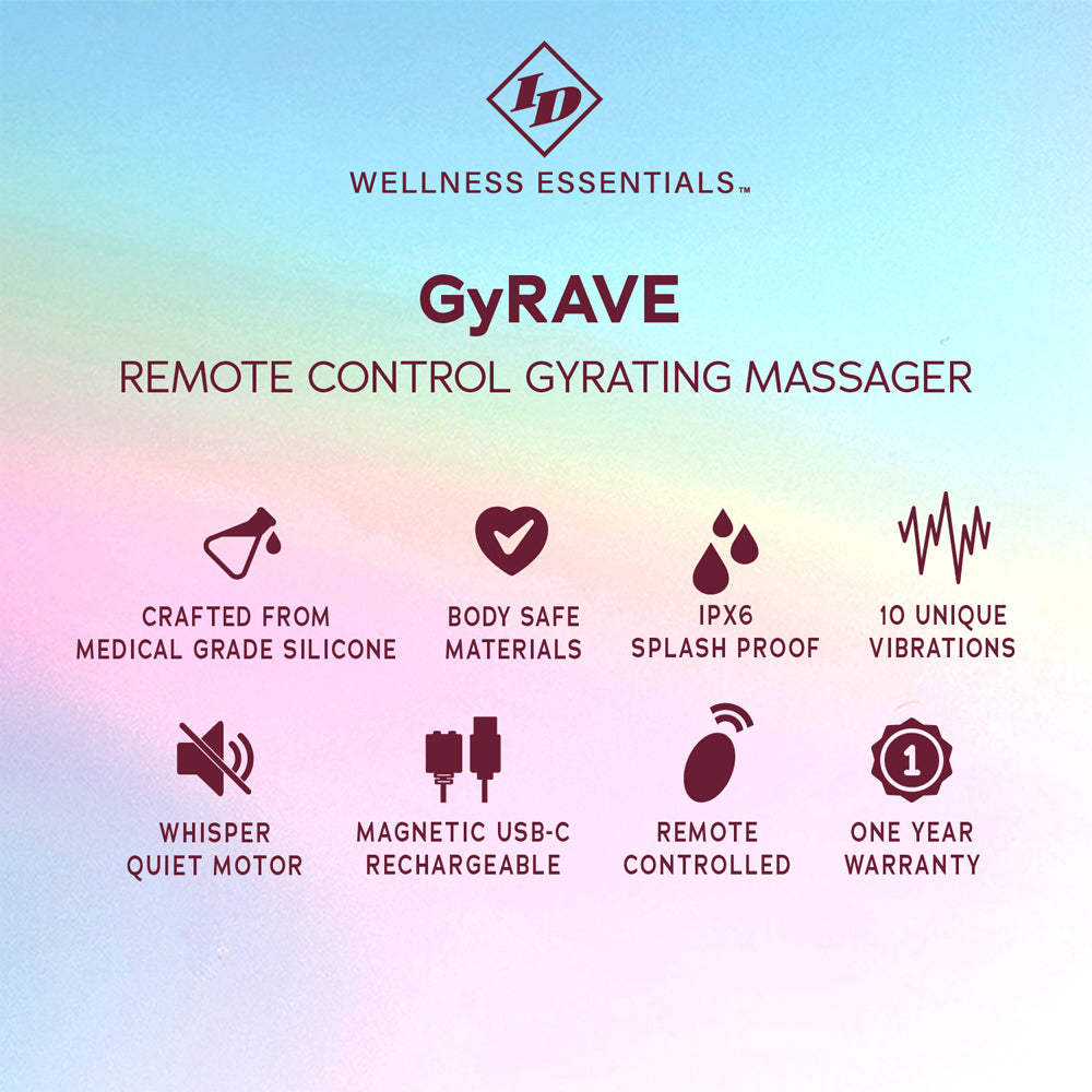 Id Gyrave Remote Control Gyrating Massager features, crafted from medical grade silicone, splash proof, 10 unique vibrations.