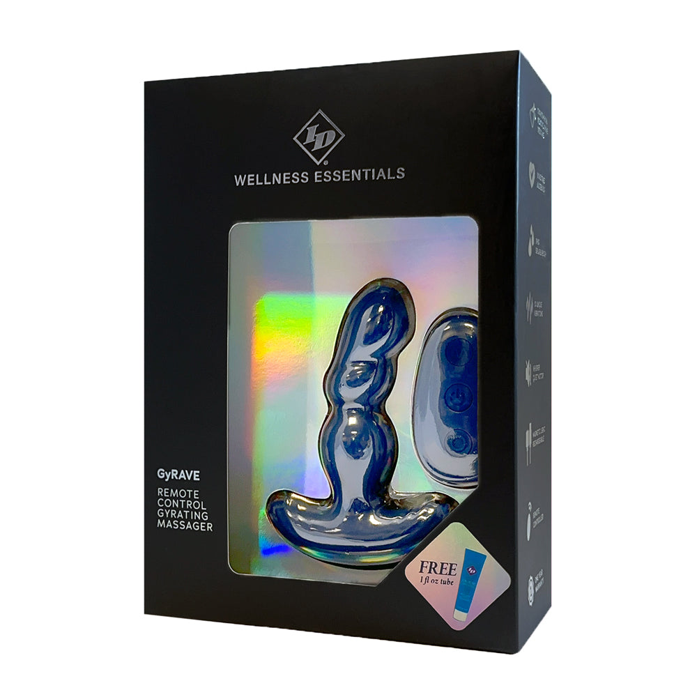Id Gyrave Remote Control Gyrating Massager packaging featuring a blue massager and remote control.