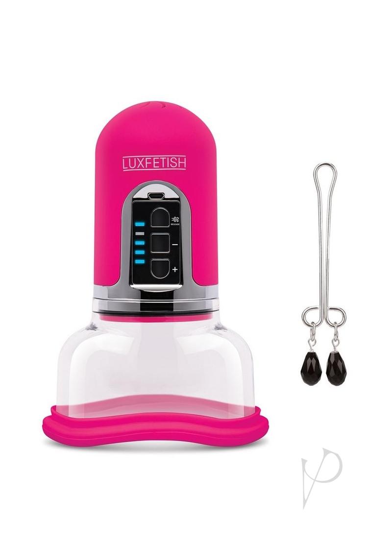 Lux Fetish 4 Function Pussy Pump with Clit Stimulator Pink featuring automatic suction and clit stimulator design.