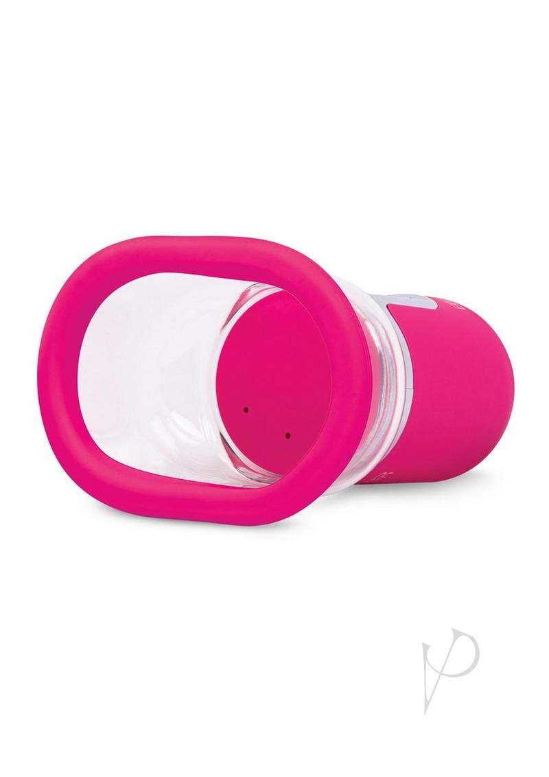 Lux Fetish 4 Function Pussy Pump with Clit Stimulator Pink side view showcasing its design and features.