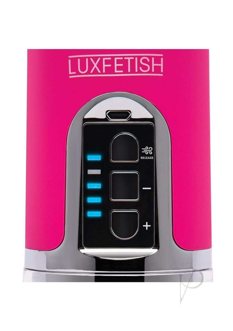 Lux Fetish 4 Function Pussy Pump with Clit Stimulator Pink control panel with buttons and release feature