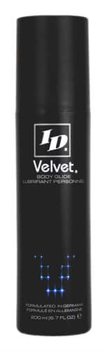 ID Velvet Body Glide Lubricant 6.7 Oz bottle with sleek design on a white background.
