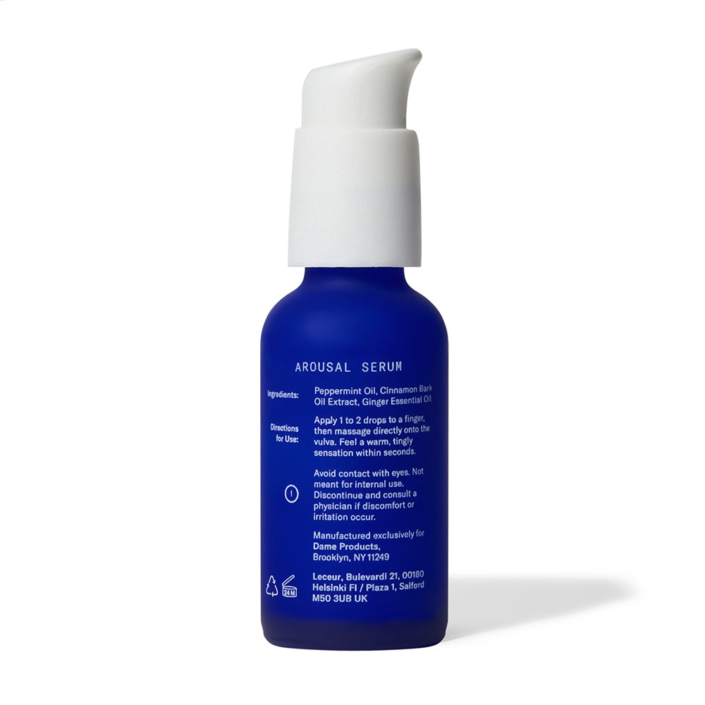 Dame Arousal Serum Peppermint & Cinnamon 1 Oz bottle with a white pump and blue label.
