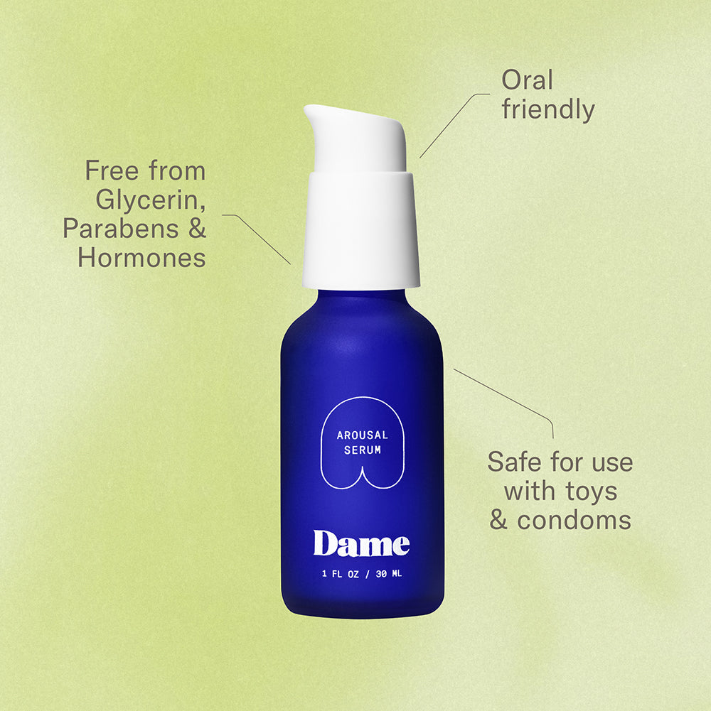 Dame Arousal Serum Peppermint & Cinnamon 1 Oz bottle with benefits and ingredients highlighted.
