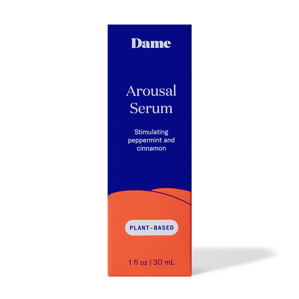 Dame Arousal Serum Peppermint & Cinnamon 1 Oz packaging featuring plant-based ingredients and stimulating sensations.