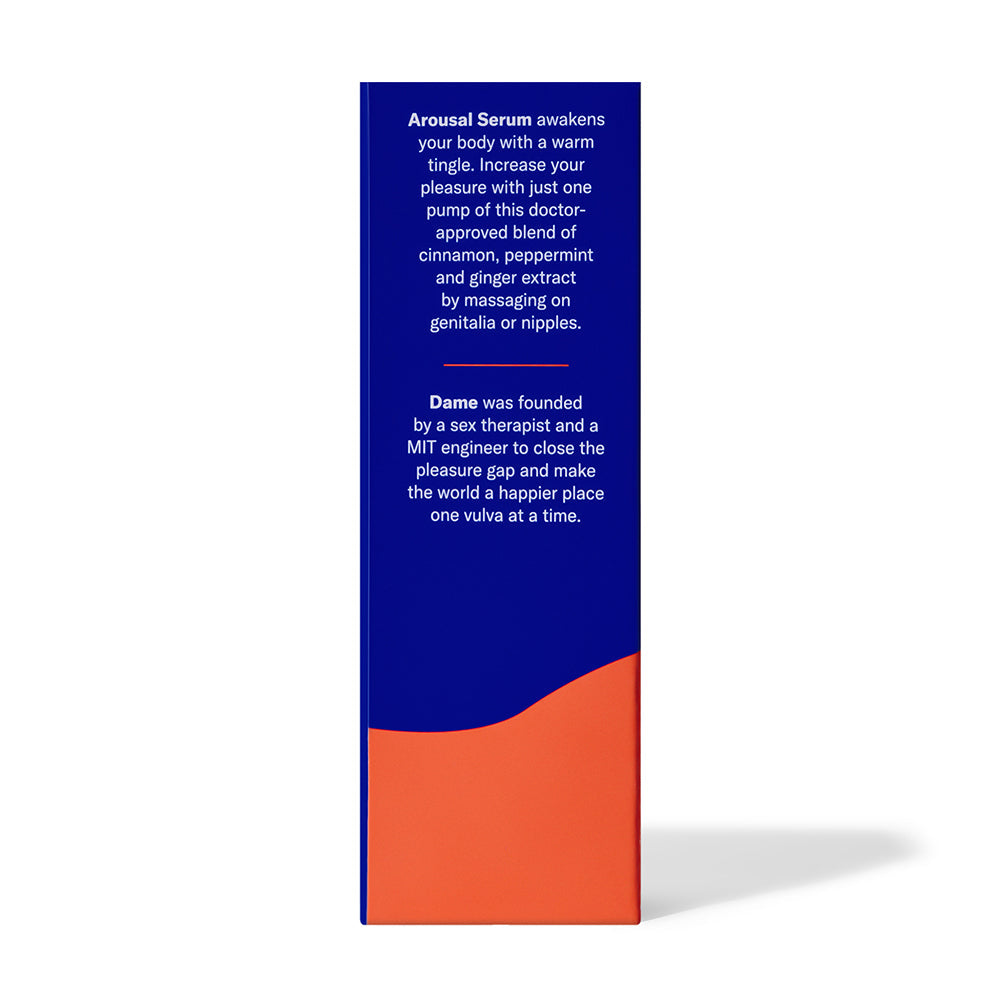 Dame Arousal Serum Peppermint & Cinnamon 1 Oz packaging showcasing details and benefits of the product.