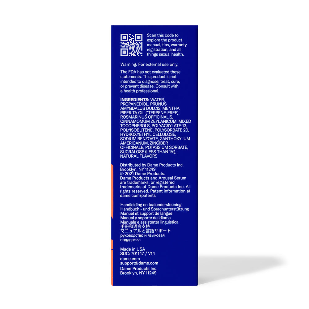 Dame Arousal Serum Peppermint & Cinnamon 1 Oz packaging showing ingredients and usage details.