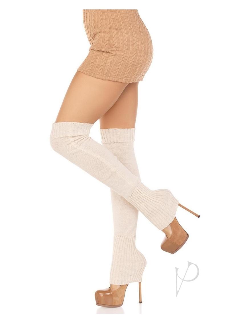 Leg Avenue Extra Long Ribbed Knit Leg Warmers Ivory styled with a short dress and high heels, displaying a cozy and fashionable look.
