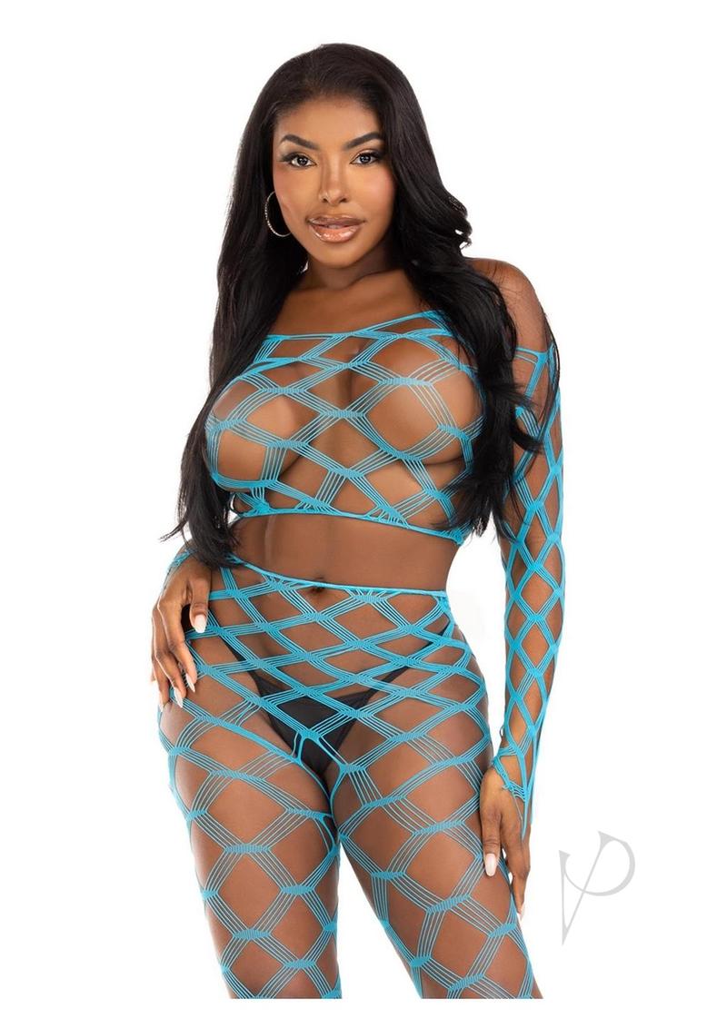 Leg Avenue Hardcore Net Crop Top and Tights Turquoise featuring a model in a bold, wide-net style duo.