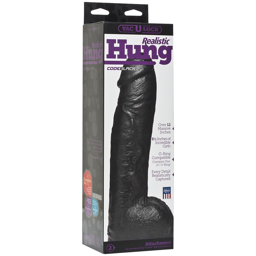 Vac-U-Lock Code Black 12 Inch Realistic Hung Dildo packaging showcasing lifelike detail and size.