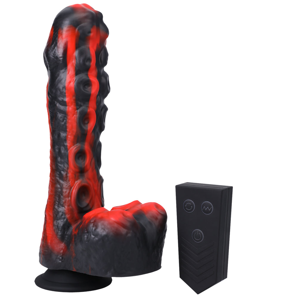 Fort Troff Tendril Thruster Mini Fuck Machine With Remote Red Black next to its remote control.